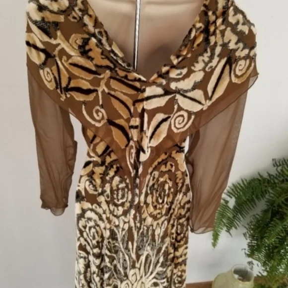 Marian Clayden Neiman Marcus Dress Cut Silk & Velvet Burnout Maxi Tan Size M - Picture 12 of 17